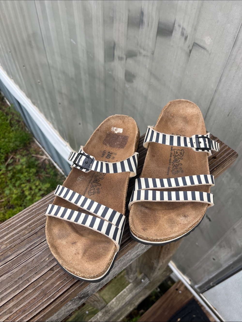 Striped Triple-Strap Slide Birk’s Sandals - Navy & White
